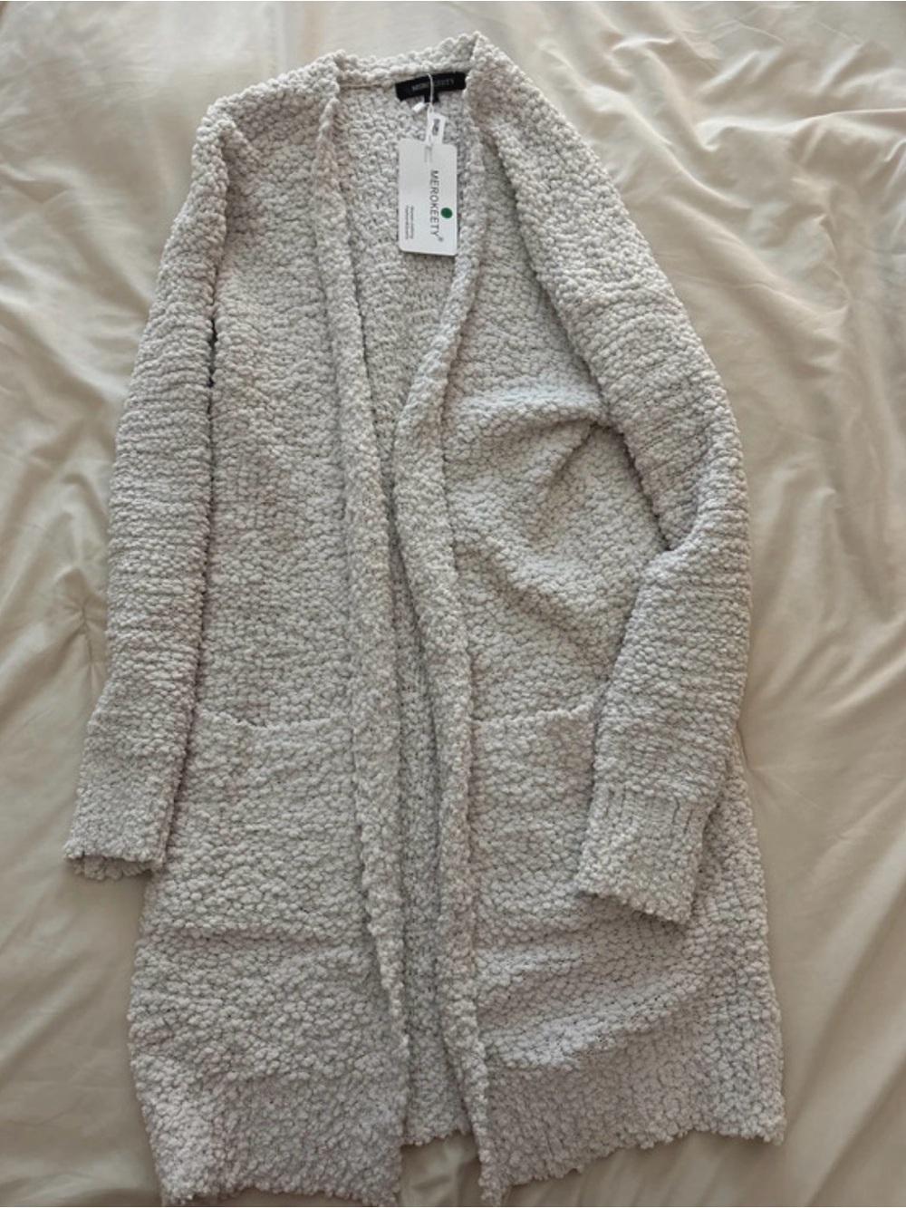 Cozy Popcorn-Knit Open Long Cardigan in Cream